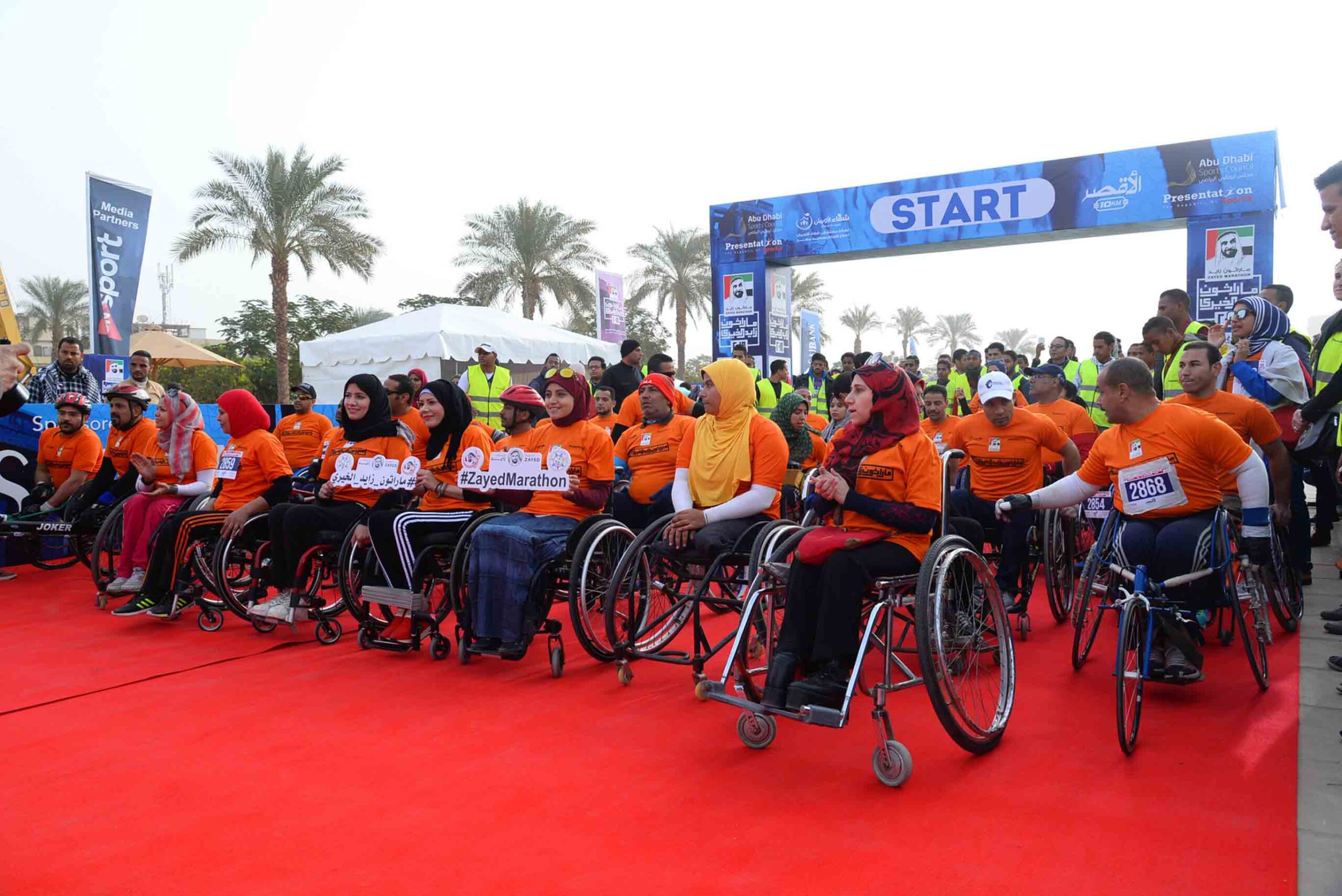 Wheelchair participants preparing to race at Zayed Charity Marathon 2018 in Luxor, Egypt